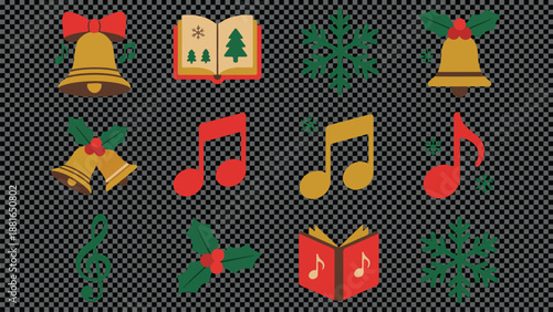 Christmas Music & Holiday Elements Vector Set Bells, Notes, and Carol Books