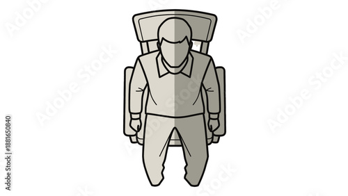 Illustration of person wearing astronaut suit with backpack floating in space viewed from front