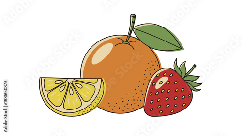 Fresh fruit arrangement featuring orange, lemon, strawberry, citrus, and berries displayed on a clean white background from a front viewpoint