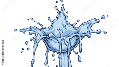 A dynamic splash of blue water is captured mid-air as it flows and splashes with droplets flying everywhere from a central stream