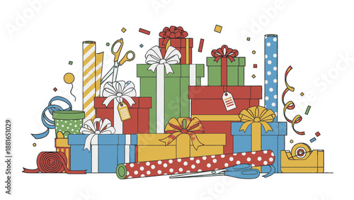 Vibrant gift boxes stacked with colorful ribbons and bows, celebration scene, festive atmosphere, joyful event, multiple presents, overhead view