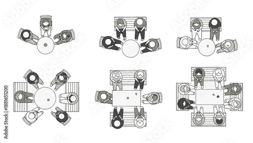 Overhead view of multiple dining table settings with various chair arrangements in a simple graphic illustration style