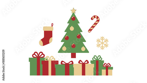 A festive Christmas tree surrounded by gifts, ornaments, and candy canes, viewed from the front in a celebratory holiday scene.