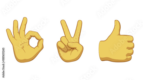 Three hands showing OK, peace, and thumbs up gestures from different angles in a simple and clear illustration style