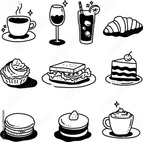 Kawaii cafe and dessert doodle icon set, cute hand drawn coffee, cake, sandwich, and croissant with shadow, minimal black and white line art vector for bakery menu and stickers.