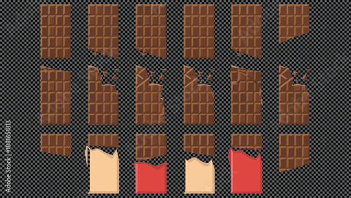 Chocolate Bar Illustration Set Wrapped, Unwrapped, and Broken Pieces