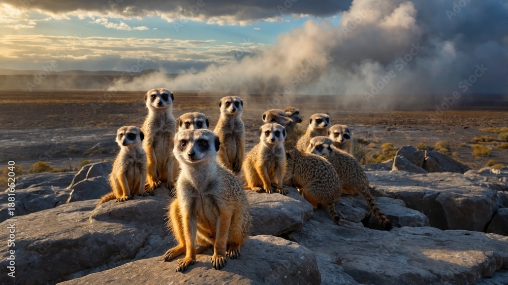 Fototapeta premium Group of meerkats perched on rocks during sunset, with a smoky landscape in the background