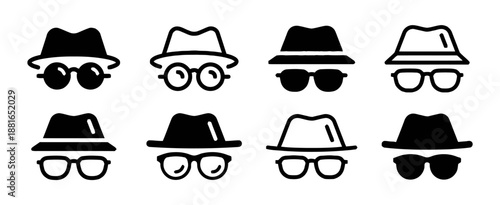 Incognito man with hat and glasses vector icons set