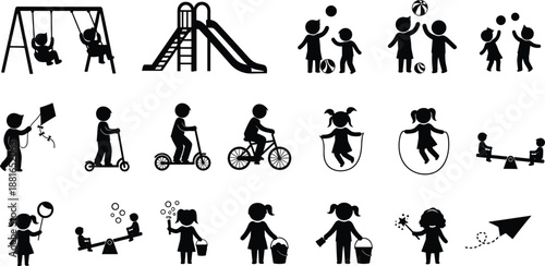 Black Silhouette Icon Set of Children Playing with Swings Slide Bicycles Scooters Kites and Sand Toys Isolated on White Background for Childhood Outdoor Recreation Design