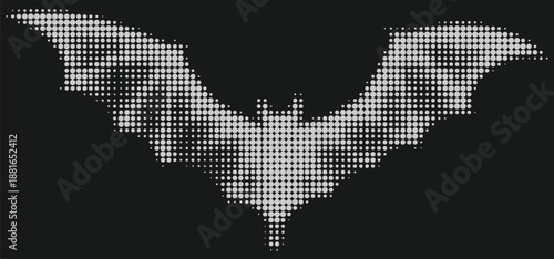 Flying mouse with extended wings, half tone icon design. Bats silhouette on black background. Vector illustration