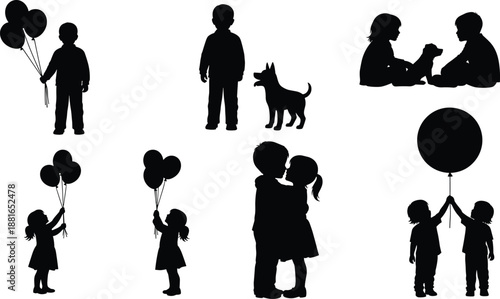 Black Silhouette Set of Happy Children Playing with Balloons and Dogs Including a Little Boy and Girl Hugging and Sitting Together Isolated on White Background