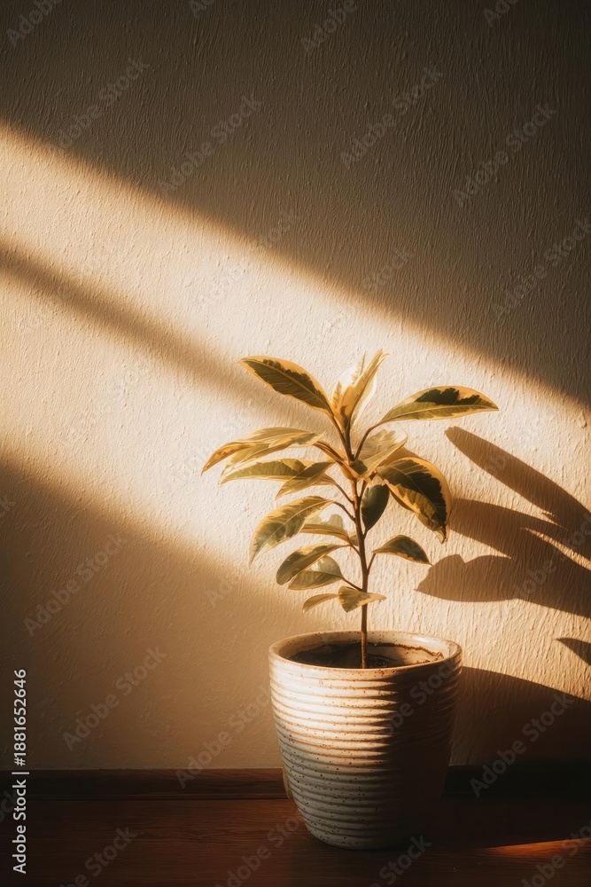 Naklejka premium A potted plant on a wooden surface, bathed in warm sunlight with long diagonal shadows on a textured wall. Concept Potted plant on a wooden surface, Warm sunlight, Long diagonal shadows