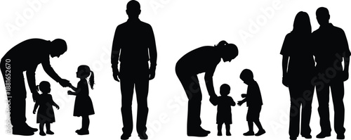 Black Silhouette Set of Happy Families with Parents Interacting with Small Children and Toddlers Plus a Couple Isolated on White Background for Family Life Design