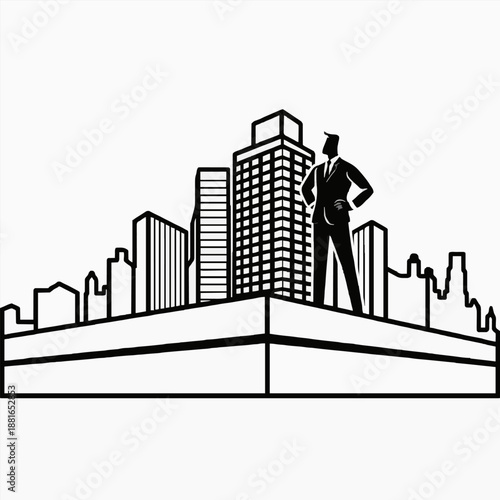 Business Leader Overlooking City Skyline - Vector Illustration