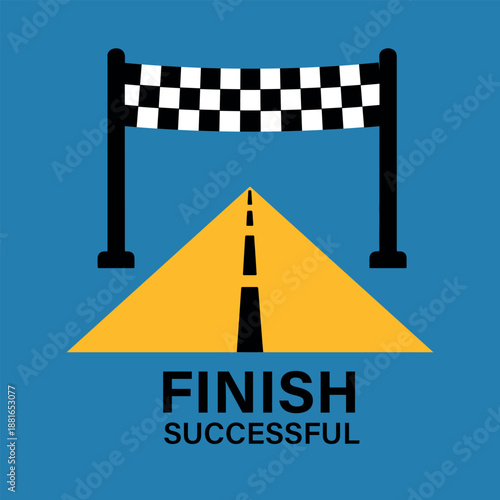 Yellow racing track with white dashed lines leading to a finish line banner, finish successful text