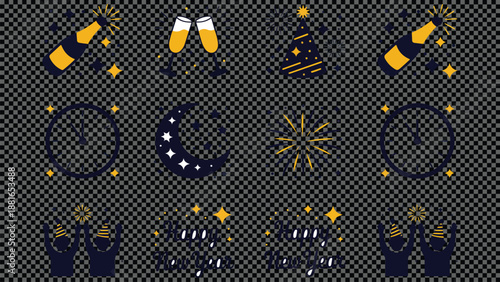 New Year Celebration Flat Icon Set  Champagne, Fireworks, and Party Props