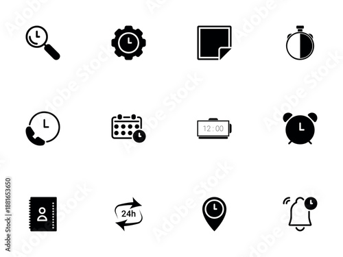 Set of Black Silhouette Icons for Time Management and Planning
