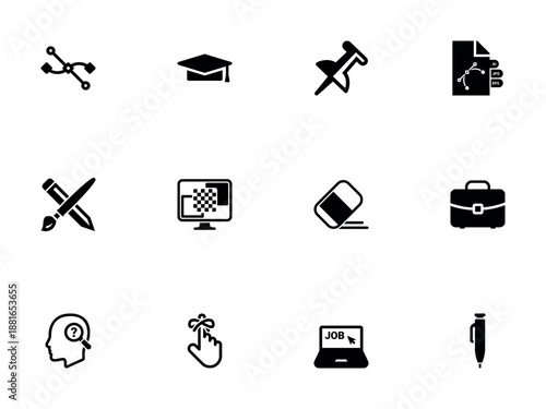 Collection of Black Silhouette Icons for Graphic Design and Education