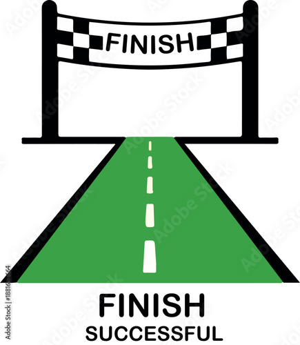 Green racing track with white dashed lines leading to a finish line banner, finish successful text