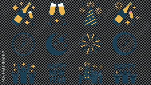 New Year Celebration Flat Icon Set  Champagne, Fireworks, and Party Props