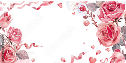 A beautifully designed Valentine's Day card featuring a border of pink and red roses, hearts, and ribbons with the message 'Forever Forever Love Valentine' in the center.