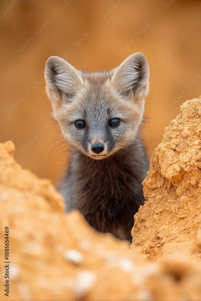 Fototapeta premium a fox cub peeking out of a sandy burrow. Concept Wildlife Photography, Fox Cub, Burrow Scene, Sandy Landscape, Curious Gaze
