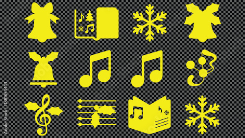 Christmas Music & Holiday Elements Vector Set Bells, Notes, and Carol Books