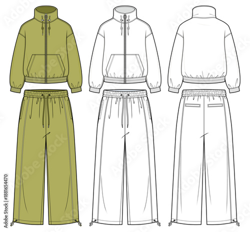 2026 Essential Zipup Tracksuit Set Fashion Illustration. Matching Track Jacket and Track Pants with Toggle Funnel Neck, Kangaroo Pocket, Rib Knit Cuffs. Front Back Views. Unisex Sportswear. CAD Set.