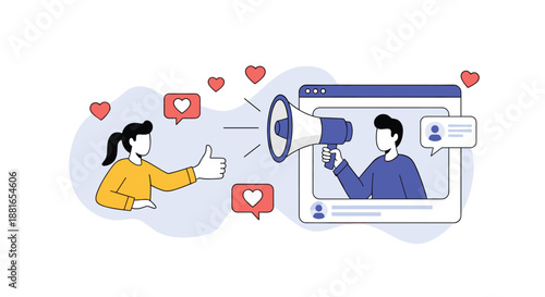 Social media influencer uses a megaphone from a browser window to generate likes and engagement from a female follower.