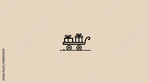 Minimalist Line Art Icon: Hand Cart Delivering Gift Boxes. Simple Concept for Holiday Shopping, Presents & Delivery.