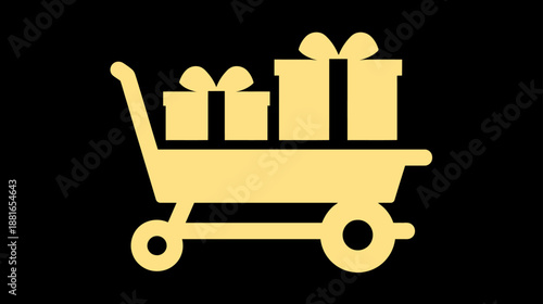 Golden shopping cart icon filled with gift boxes for e-commerce, online shopping, retail, presents, delivery, and consumerism.