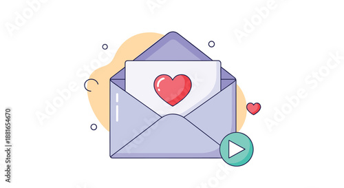Open envelope reveals a love letter with a heart, accompanied by a play button icon for a romantic video message or email.