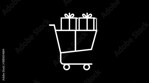 White outline shopping cart icon with gift boxes on black background. E-commerce, online shopping, retail, sales, present, delivery concept.