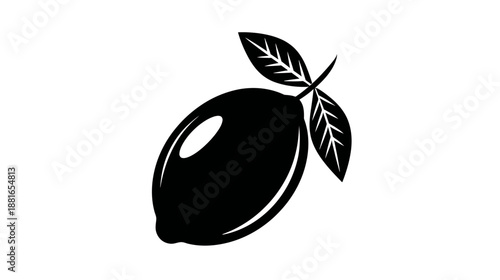 Black silhouette icon of a fresh lemon fruit with leaves, a minimalist vector design for citrus food and drink concepts