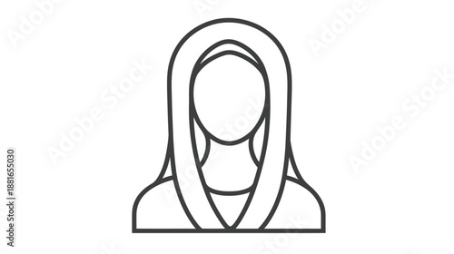 Minimalist outline icon of a woman wearing a headscarf or hijab, representing modesty, diversity, and multicultural identity.