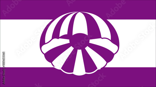 Stylized purple and white flag with unique segmented circular emblem