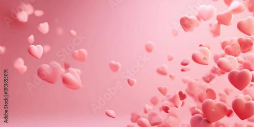 A whimsical 3D illustration featuring numerous hearts of various sizes floating in mid-air against a soft pink backdrop, evoking a sense of love and romance.