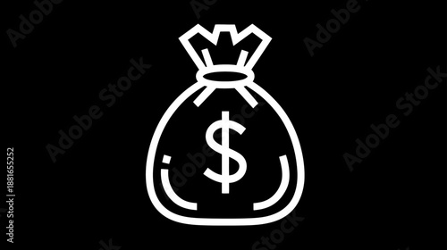 Financial money bag icon with dollar sign. Outline symbol representing wealth, savings, earnings, profit, cash, and investment.
