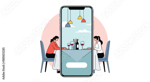 Two women on a romantic date at a restaurant, viewed through a smartphone screen, representing a dating app or online booking.