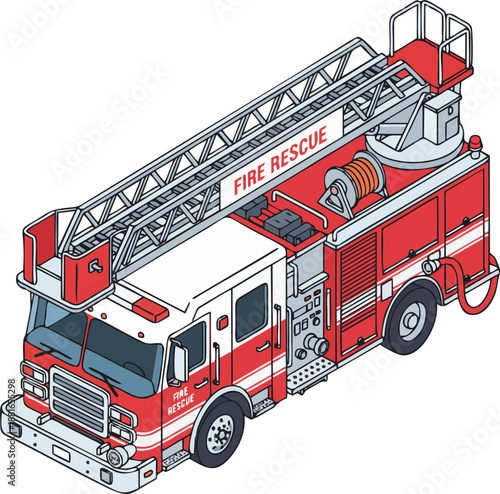 Isometric Red Fire Rescue Ladder Truck Front Side View Extended Ladder Cartoon Vector
