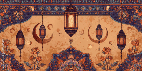 Ornate islamic wall decor with hanging lanterns and crescents