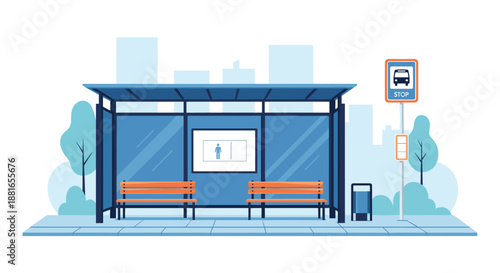 Empty modern bus stop with a glass shelter, wooden benches, and a sign on a city street with a skyline in the background.