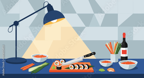 Preparing fresh sushi rolls on a cutting board under a desk lamp, with ingredients like roe, vegetables, and a bottle of wine.
