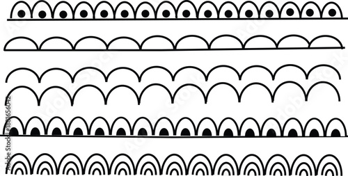 Set of hand drawn decorative border dividers with doodle scallop patterns and line art elements for design projects.