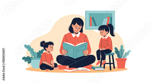 Loving mother or teacher sits on the floor reading a captivating storybook aloud to two attentive young girls at home.