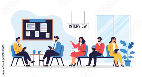 Diverse group of job candidates sits in a waiting room, preparing for their turn in a series of corporate interviews.