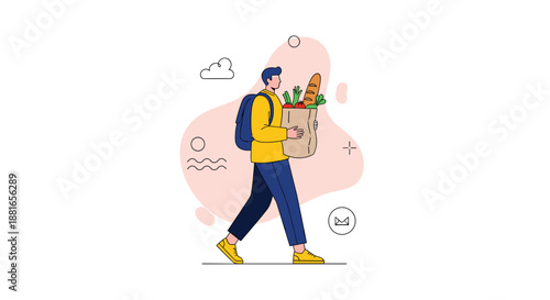 Young man with a backpack carries a paper grocery bag filled with fresh bread and vegetables after going food shopping.