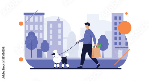 Man enjoys a walk with his poodle on a leash through a city park while carrying a bag of freshly purchased groceries.