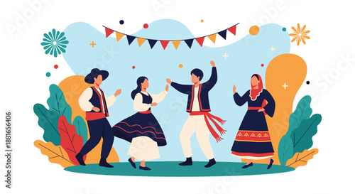 Group of people in colorful traditional folk costumes celebrating a cultural festival with lively dancing and music.