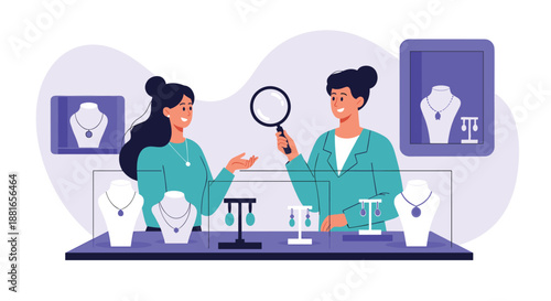 Female customer consults with a professional jeweler who is using a magnifying glass to inspect a necklace in a jewelry store.
